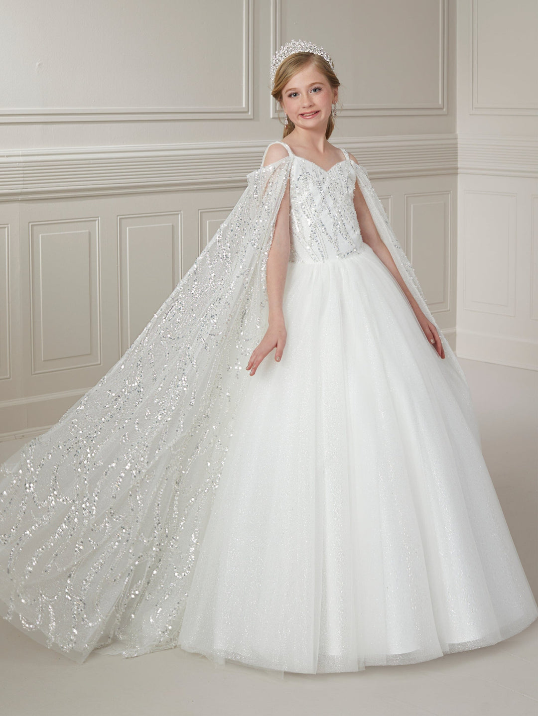 Girls Cape Sleeve Tulle Gown by Tiffany Princess 13728