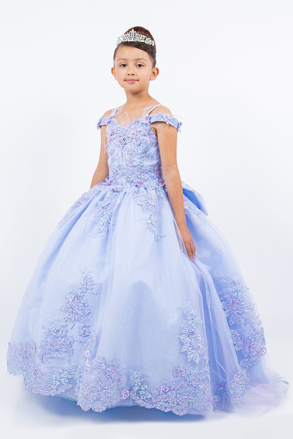 Girls Feather Cold Shoulder Gown by Cinderella Couture 8115 16 / Blue