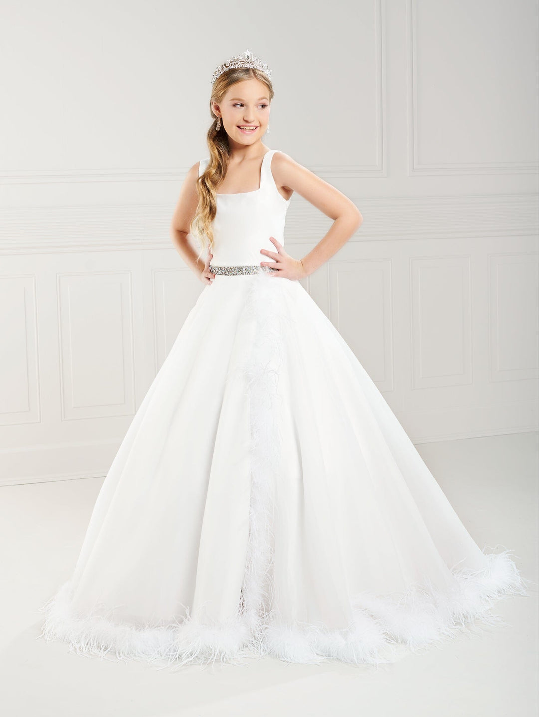 Girls Feather Sleeveless Slit Gown by Tiffany Princess 13750