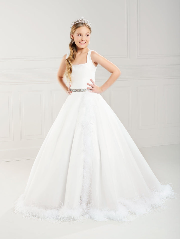 Girls Feather Sleeveless Slit Gown by Tiffany Princess 13750