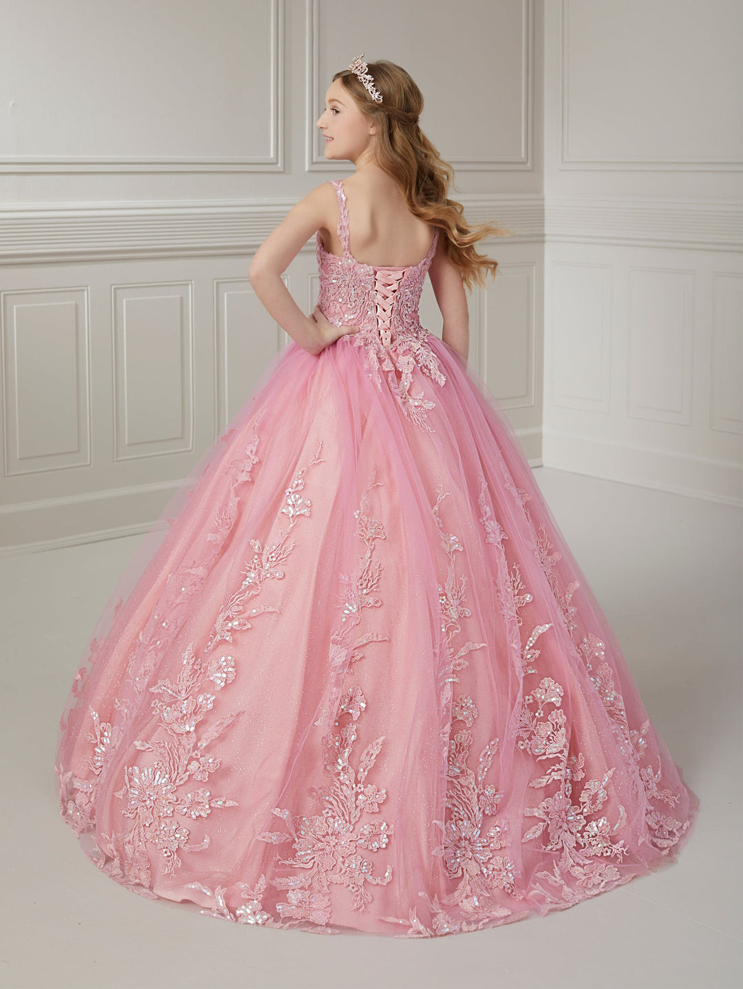 Girls Floral Applique Tulle Gown by Tiffany Princess 13720