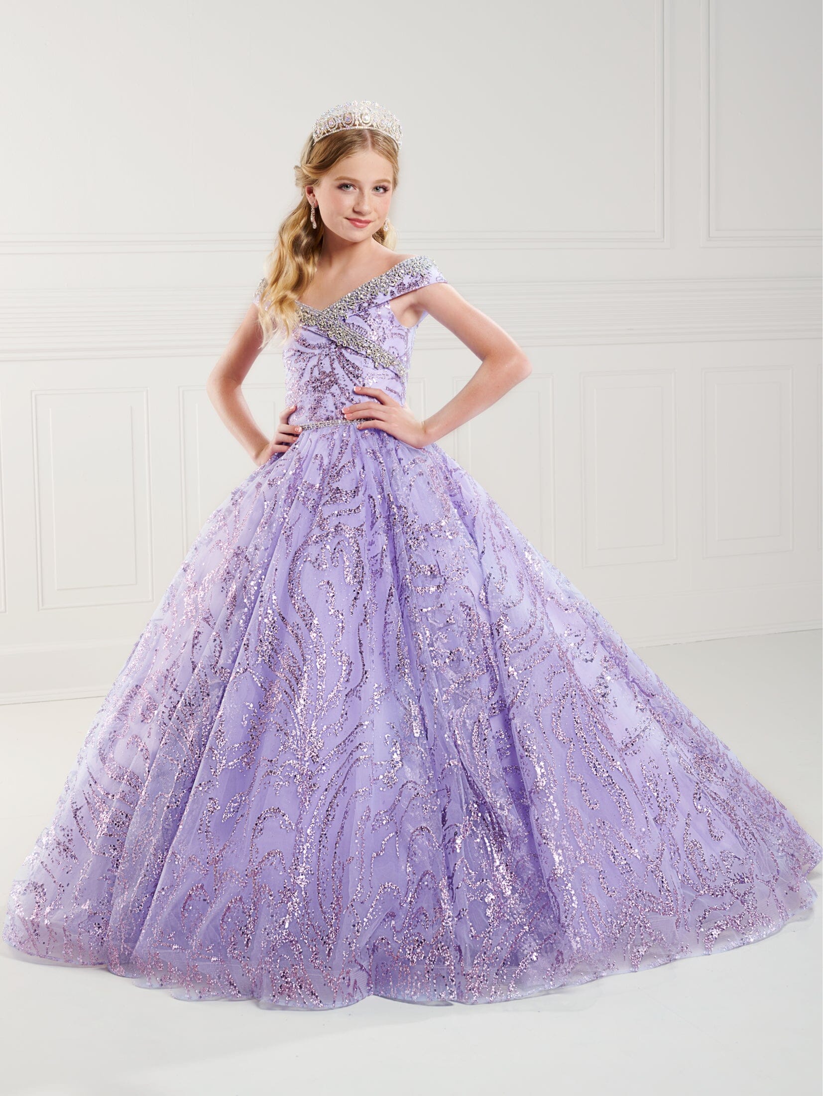 Girls Glitter Off Shoulder Gown by Tiffany Princess 13742 14 / Lilac Girls Glitter Off Shoulder Gown by Tiffany Princess 13742 14 / Lilac