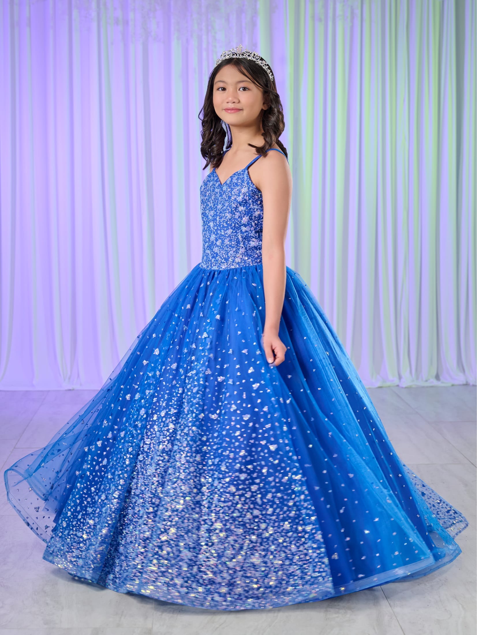 Girls Glitter V-Neck Gown by Tiffany Princess 13767 12 / Royal