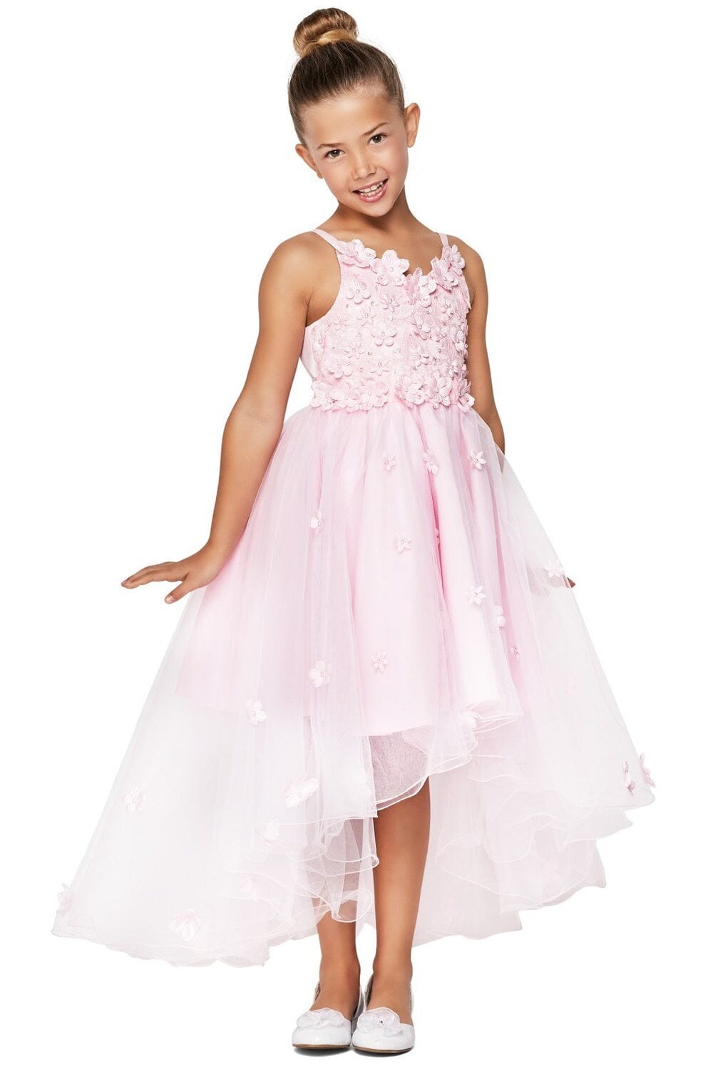 Girls High Low Dress with 3D Appliques by Cinderella Couture 9019 10 / Red Girls High Low Dress with 3D Appliques by Cinderella Couture 9019 10 / Red