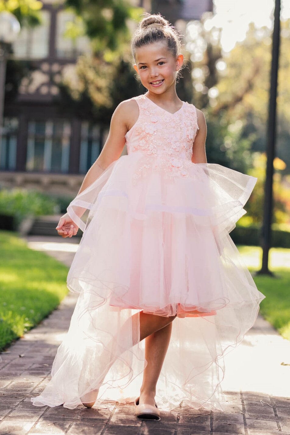 Girls High Low Dress with Appliques by Cinderella Couture 9056 10 / Peach Girls High Low Dress with Appliques by Cinderella Couture 9056 10 / Peach
