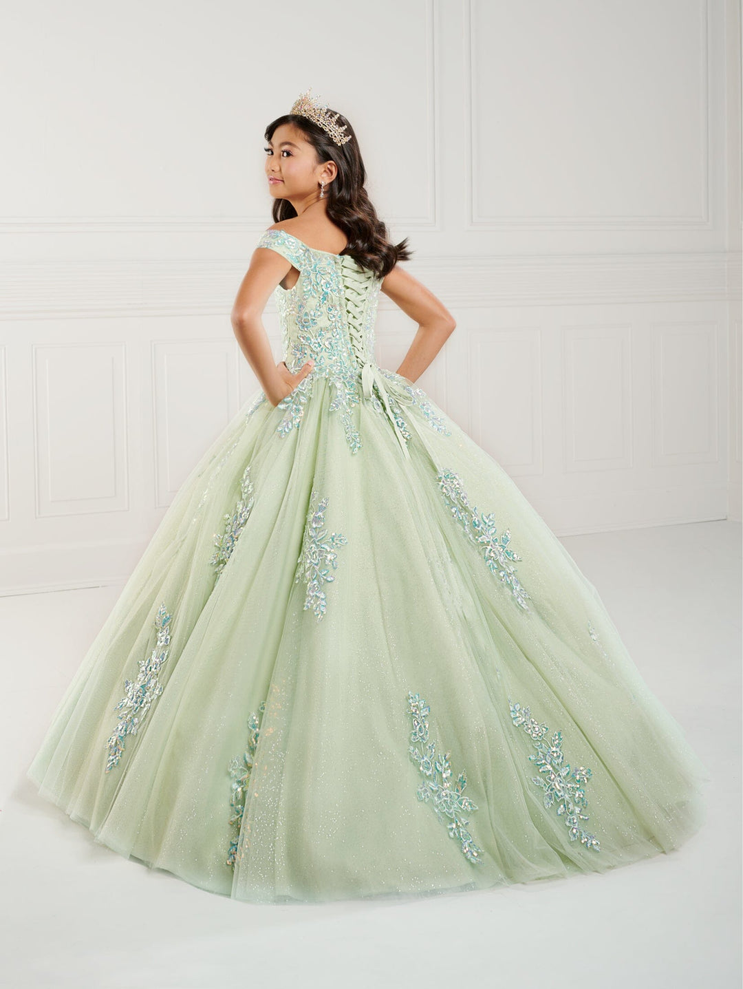 Girls Lace Applique Off Shoulder Gown by Tiffany Princess 13747