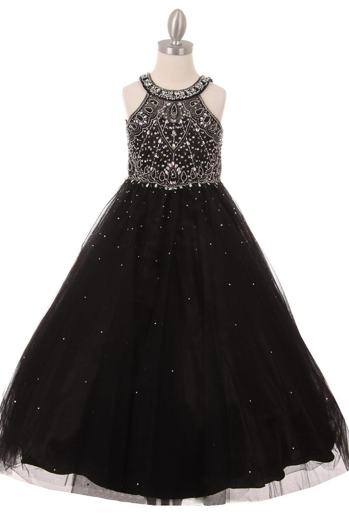 Girls Long Halter Tulle Dress with Beaded Illusion Bodice 5027