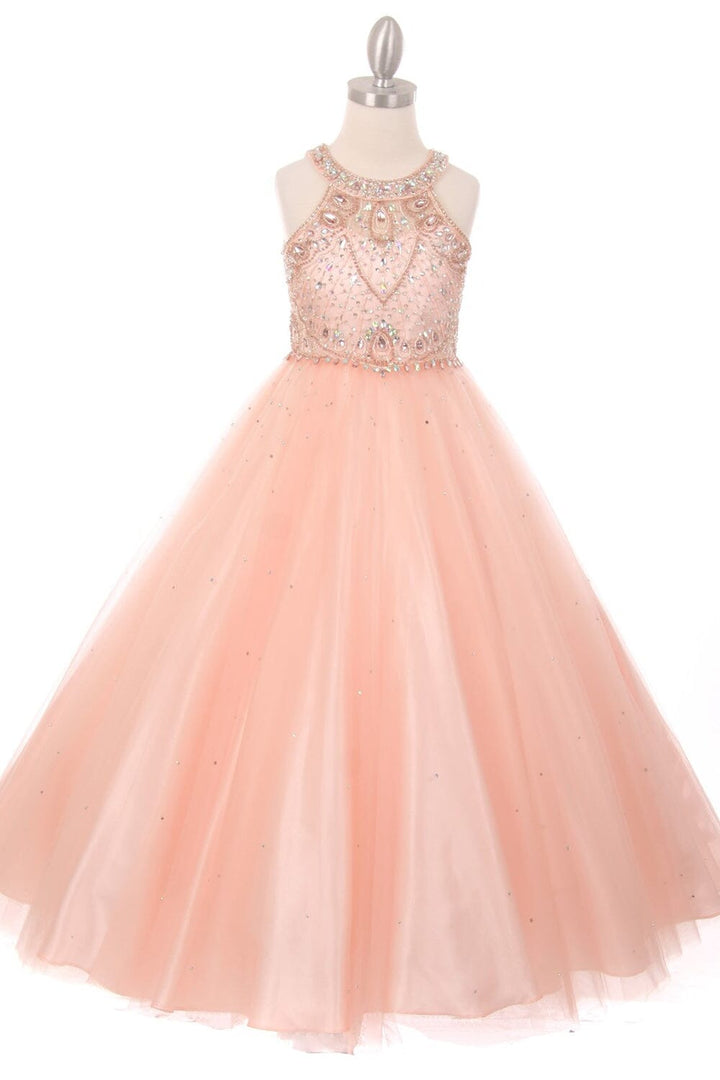 Girls Long Halter Tulle Dress with Beaded Illusion Bodice 5027