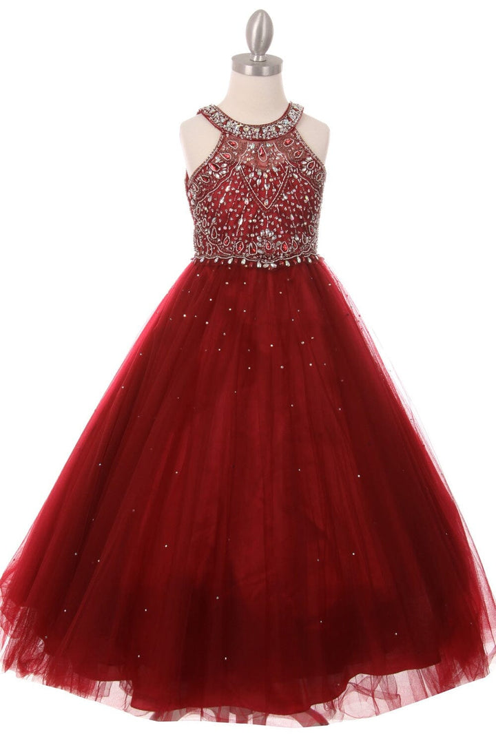 Girls Long Halter Tulle Dress with Beaded Illusion Bodice 5027