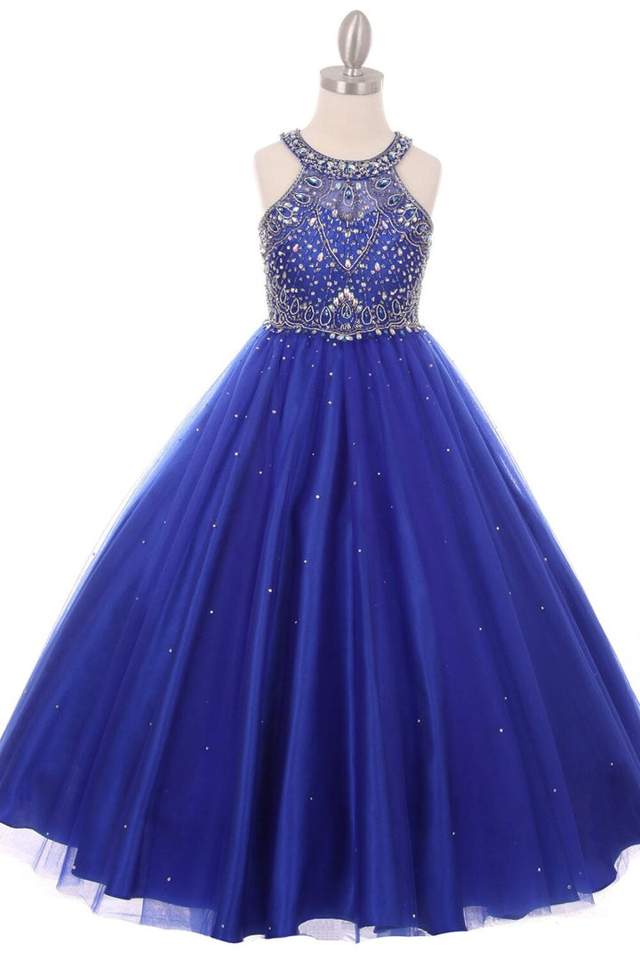 Girls Long Halter Tulle Dress with Beaded Illusion Bodice 5027