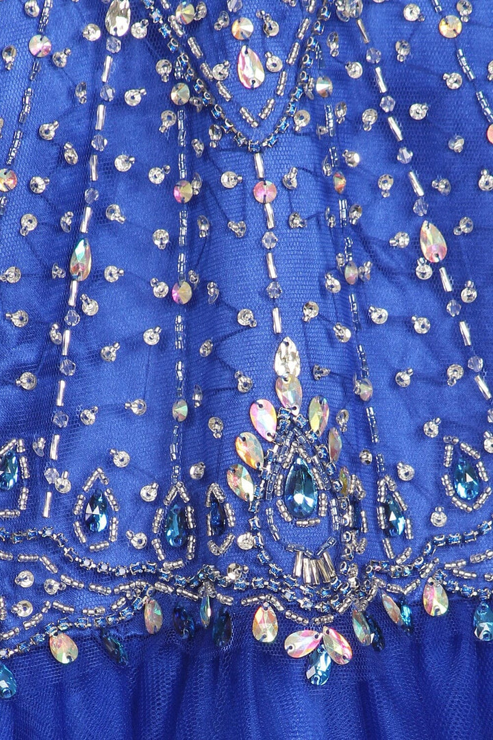 Girls Long Halter Tulle Dress with Beaded Illusion Bodice 5027