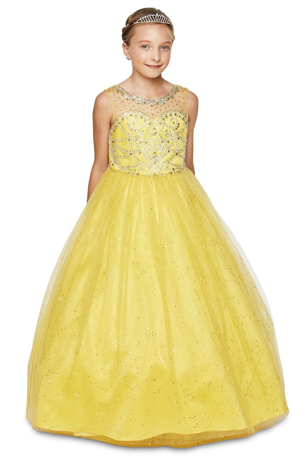 Girls Long Sleeveless Glitter Tulle Dress with Beaded Illusion Bodice 5042