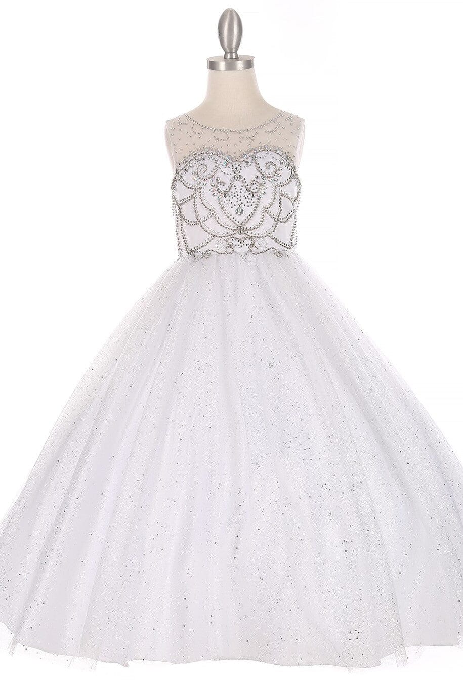 Girls Long Sleeveless Glitter Tulle Dress with Beaded Illusion Bodice 5042 Girls Long Sleeveless Glitter Tulle Dress with Beaded Illusion Bodice 5042