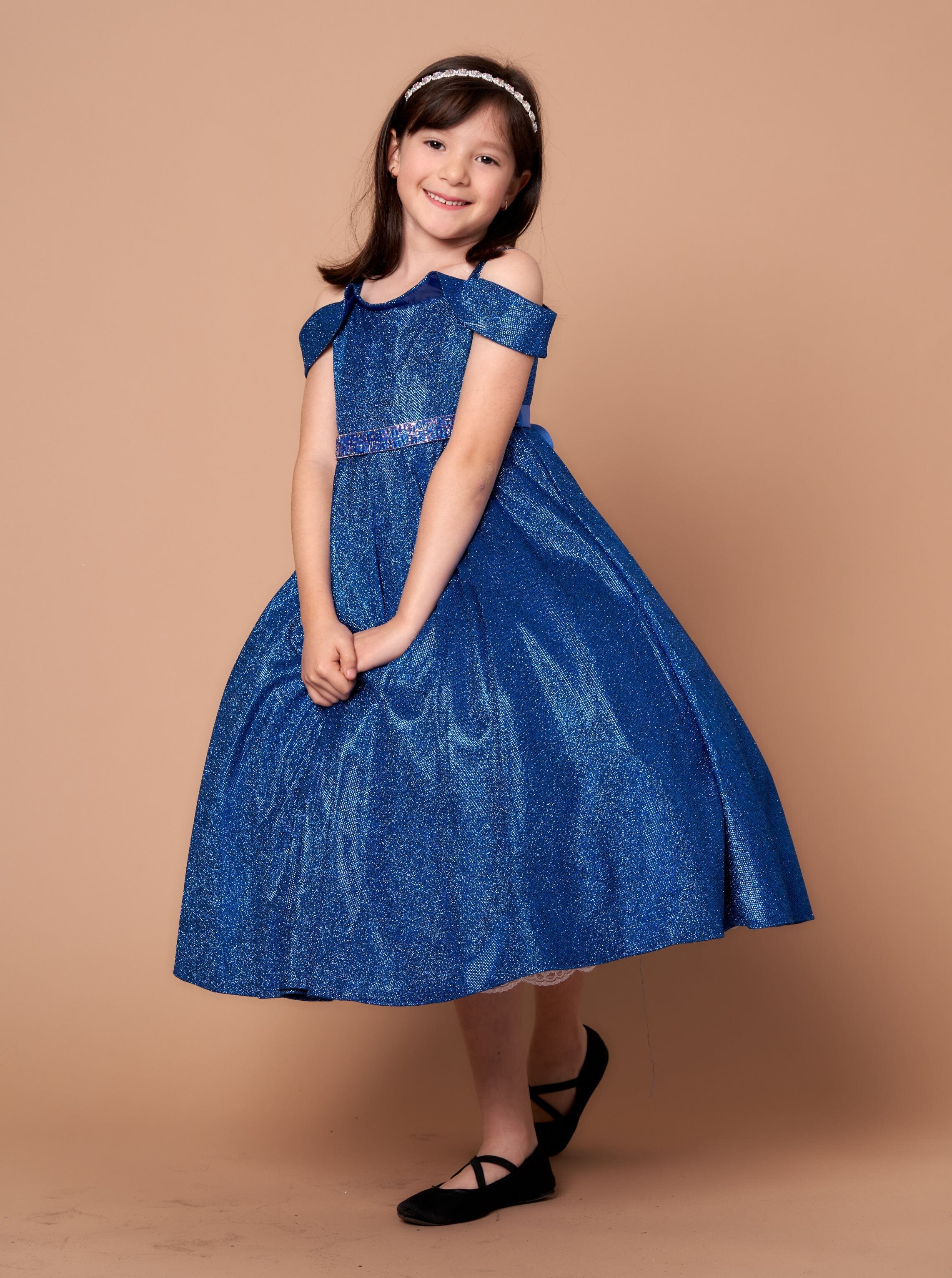 Girls Metallic Glitter Cold Shoulder Gown by Calla D819 – ABC