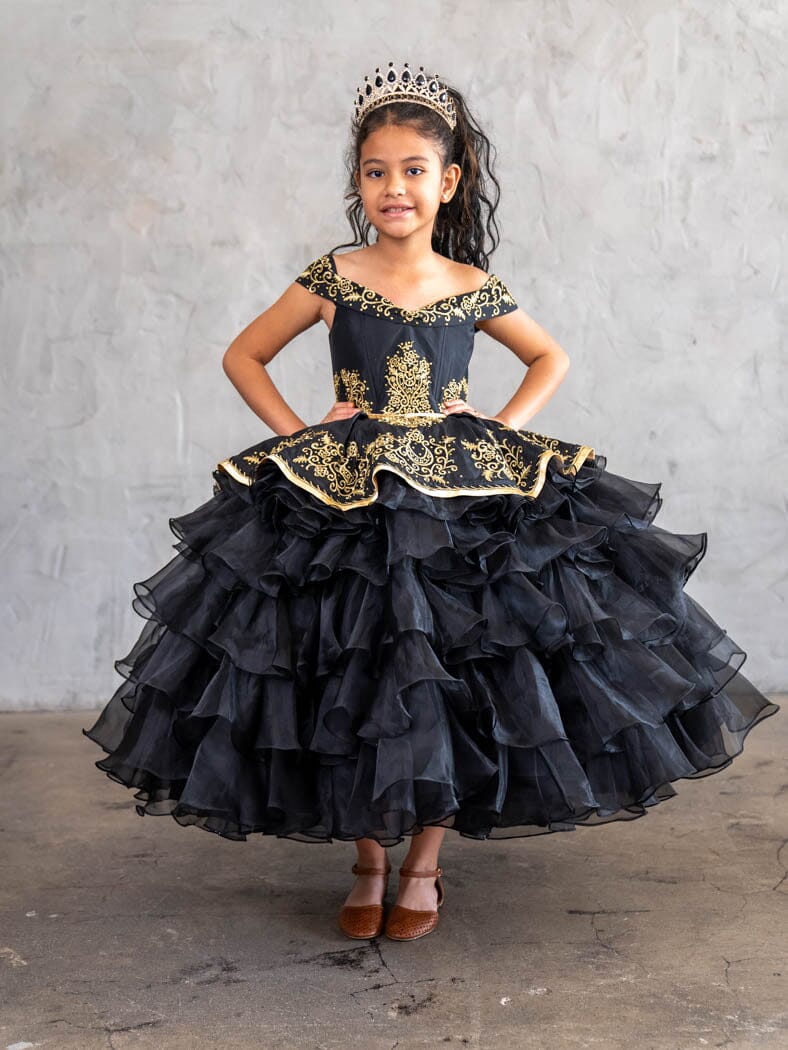 Girls Ruffled Charro Off-Shoulder Gown by Calla SCK313 | Formal Dress Shops Red/Gold / 16 Girls Ruffled Charro Off-Shoulder Gown by Calla SCK313 | Formal Dress Shops Red/Gold / 16