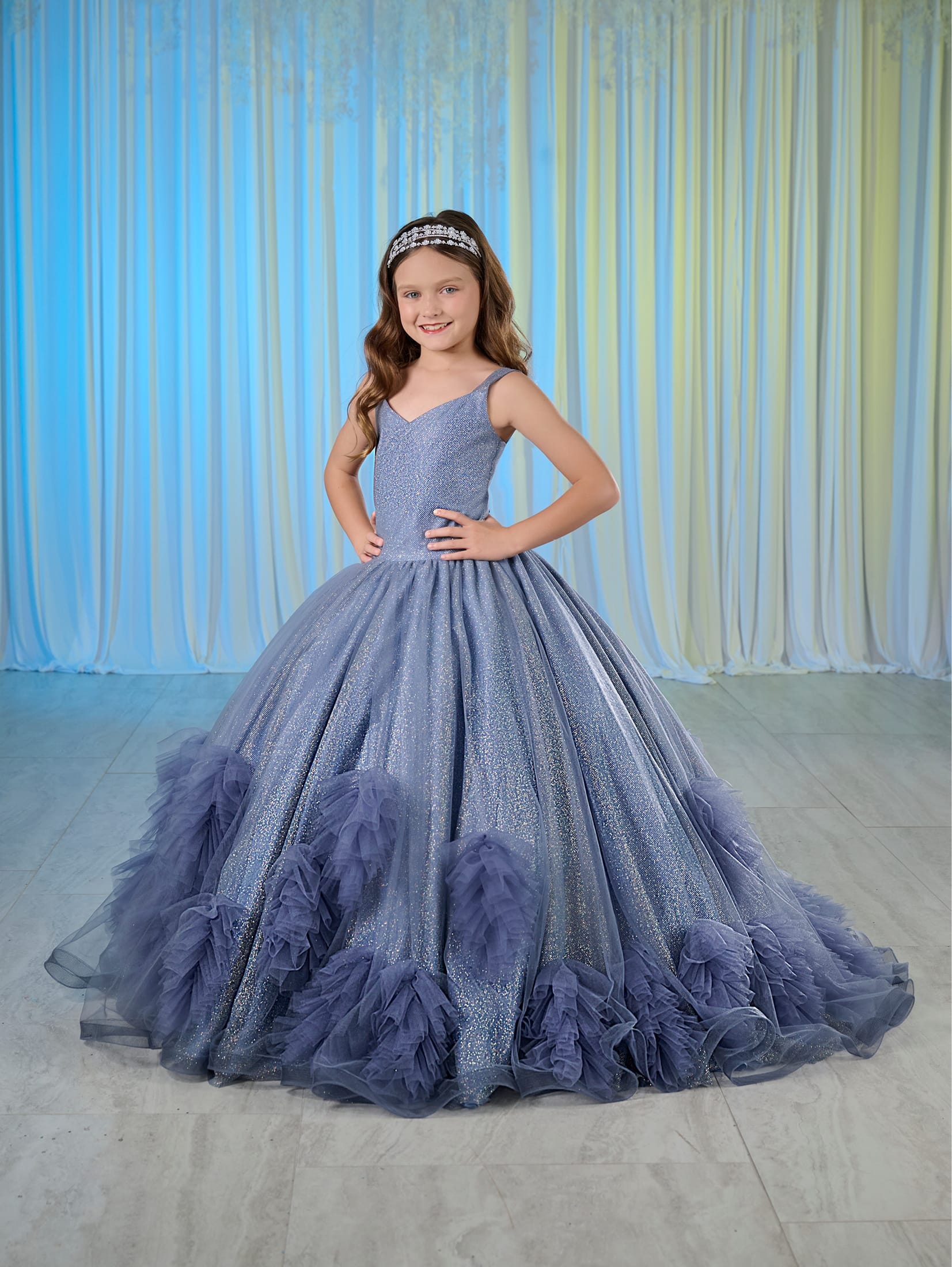 Girls Ruffled Glitter Gown by Mini Quince 80022MQ 6 / Slate Blue