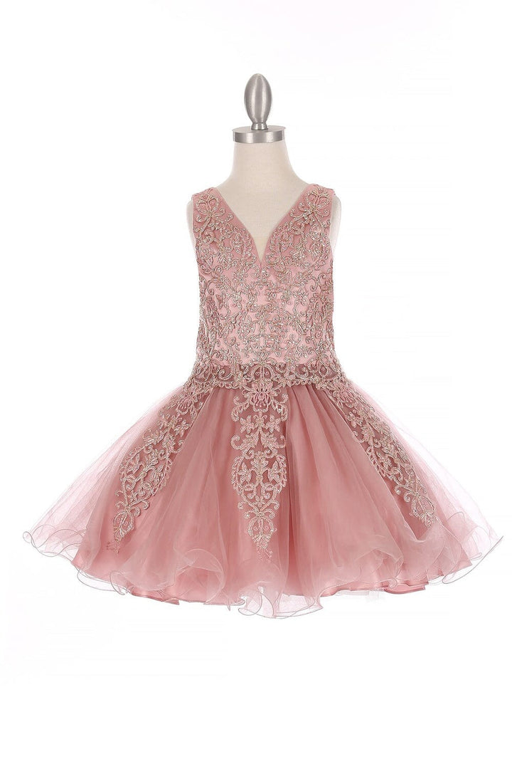 Girls Short Applique V-Neck Dress by Cinderella Couture 5110