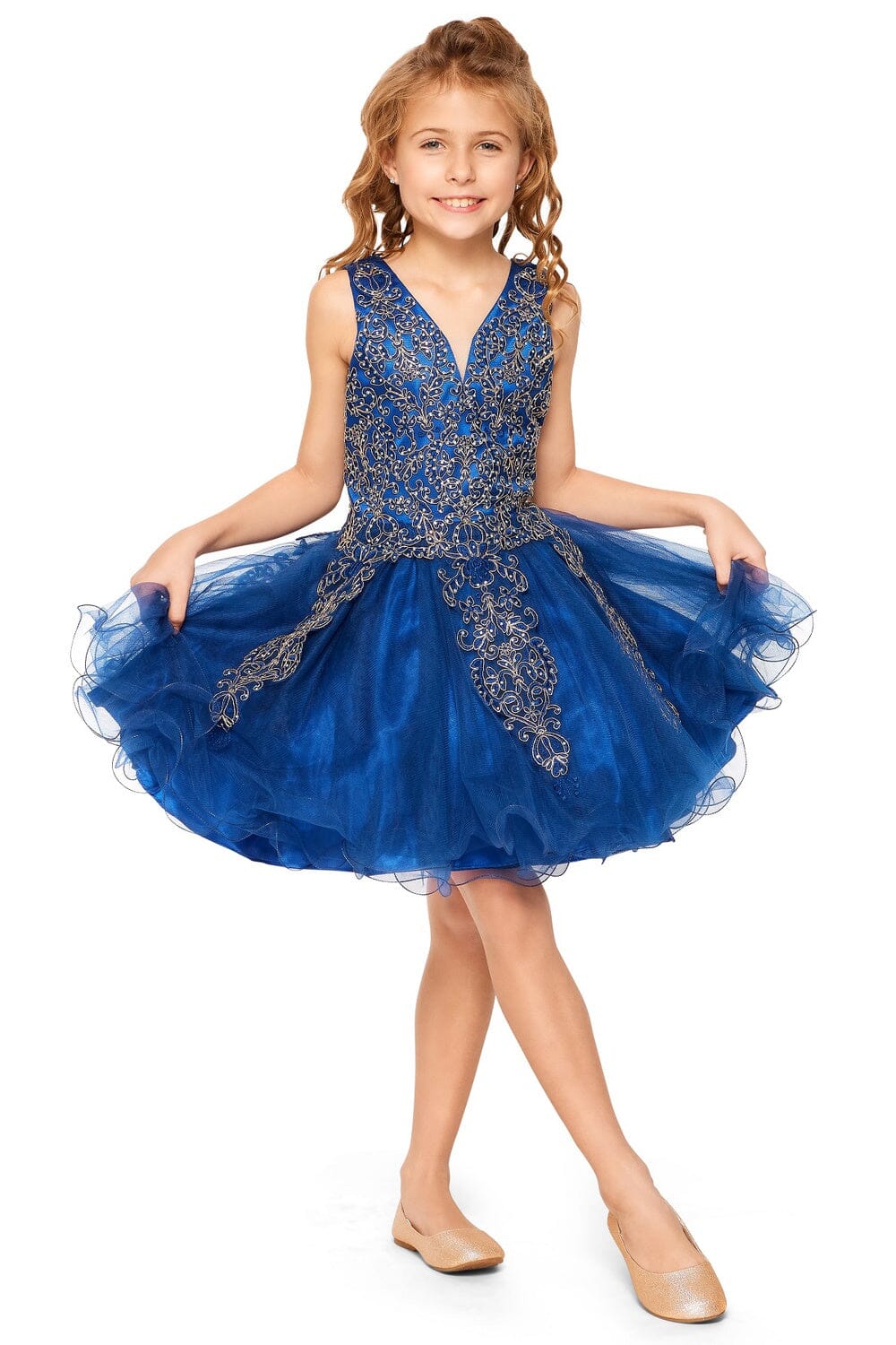 Girls Short Applique V-Neck Dress by Cinderella Couture 5110