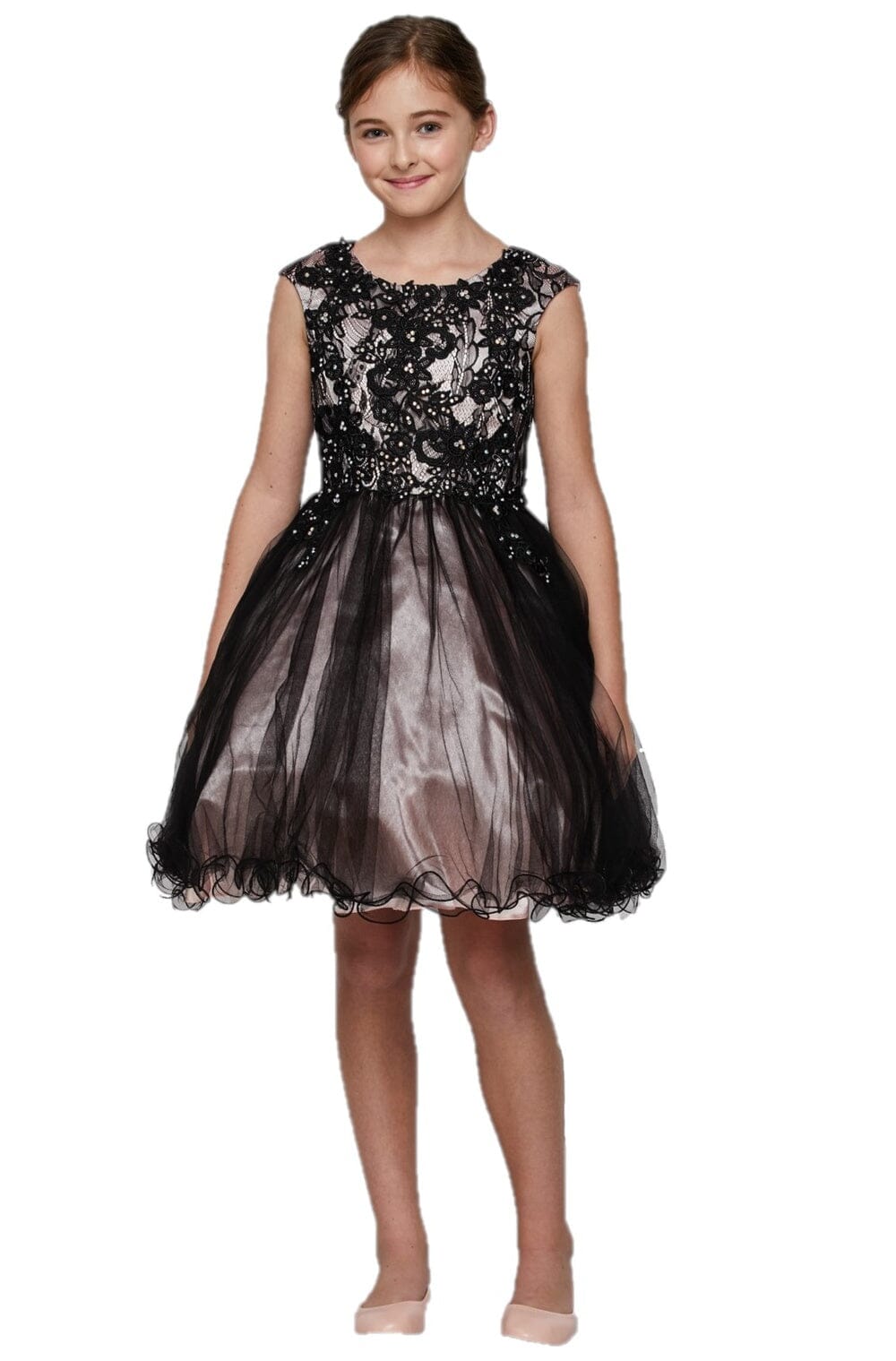 Girls Short Cap Sleeve Dress with Lace Bodice by Cinderella Couture 5045 14 / Blush/Black
