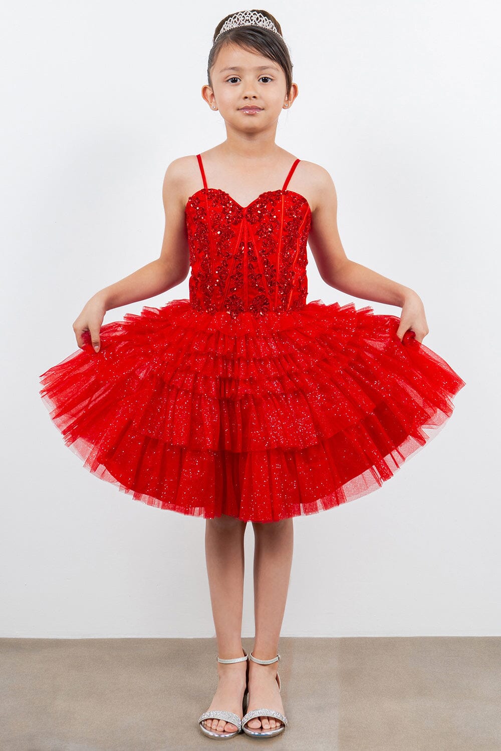 Girls Sweetheart Corset Top Detailed Multi Layered Skirt Dress 4-16, Red / 6