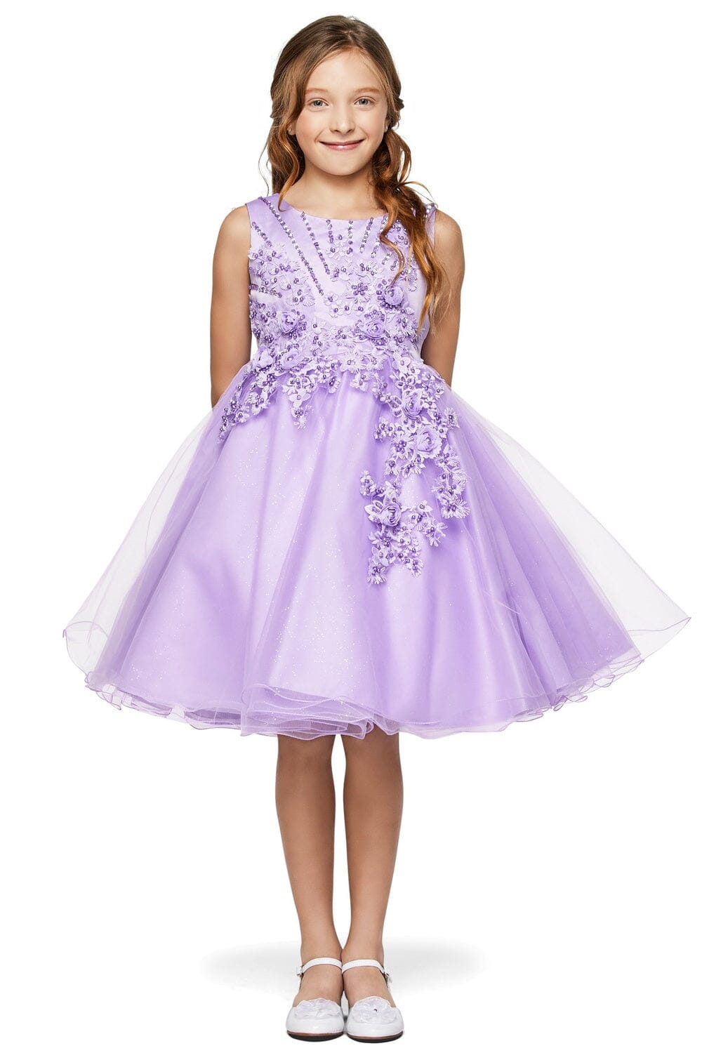 Girls Short Glitter Dress with 3D Flowers by Cinderella Couture 9022 10 / Lavender Girls Short Glitter Dress with 3D Flowers by Cinderella Couture 9022 10 / Lavender