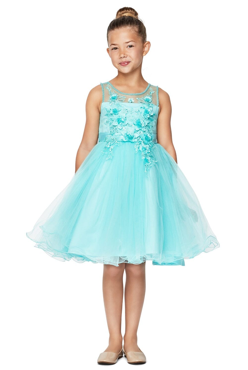 Girls Short Illusion Dress with 3D Flowers by Cinderella Couture 9083 8 / Champagne Girls Short Illusion Dress with 3D Flowers by Cinderella Couture 9083 8 / Champagne