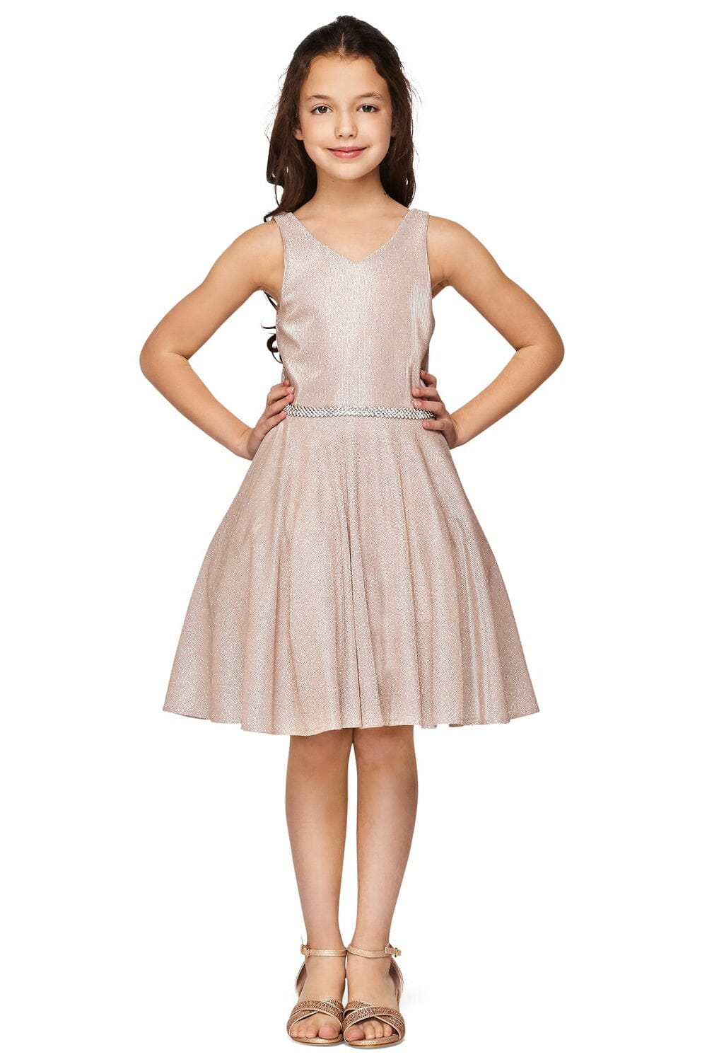 metallic girls dress Rose Gold Glitter Metallic V Neck Pocket Flower Girl Dress Little Girls