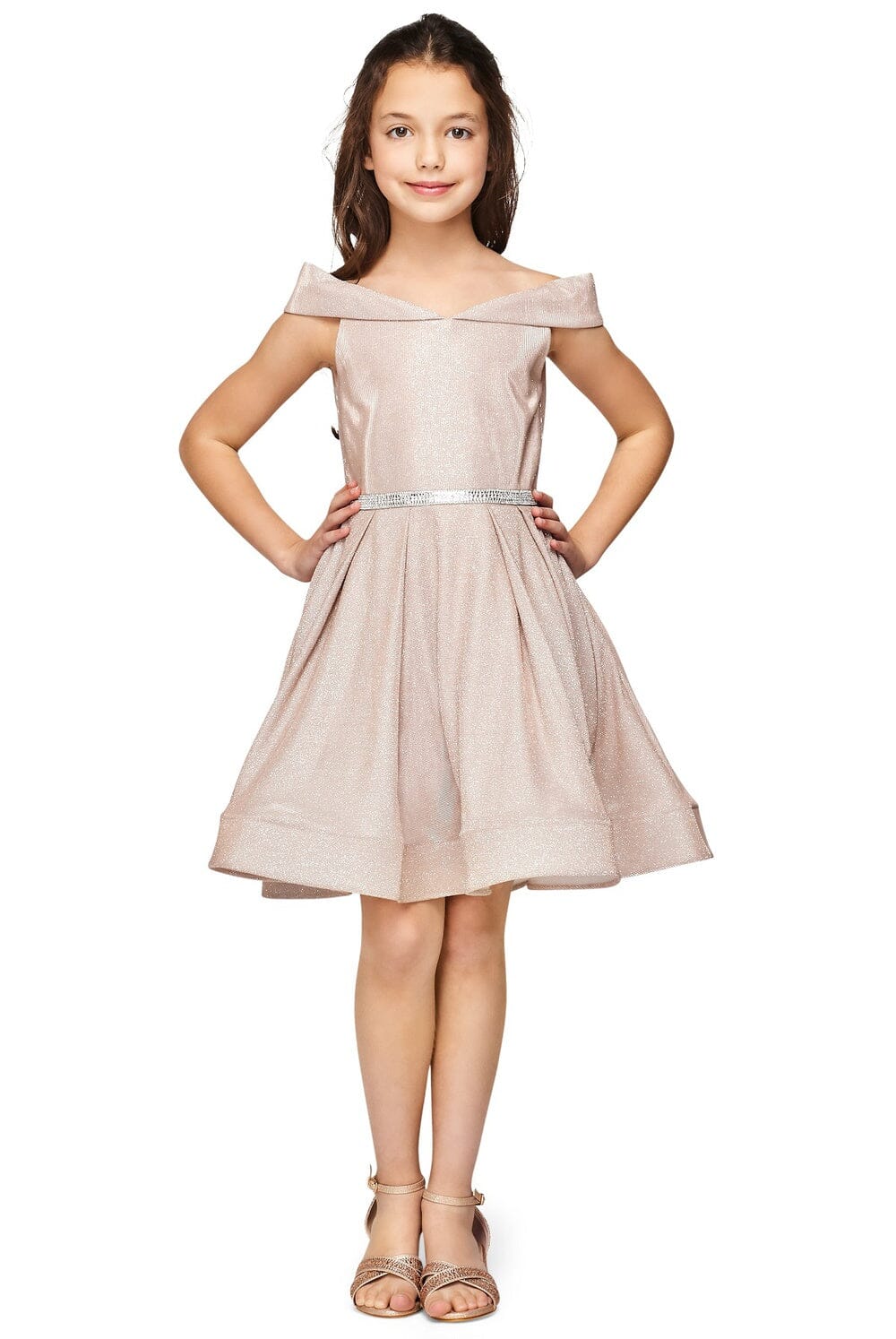 Girls Short Off Shoulder Metallic Dress by Cinderella Couture 8012 12 / Rose Gold