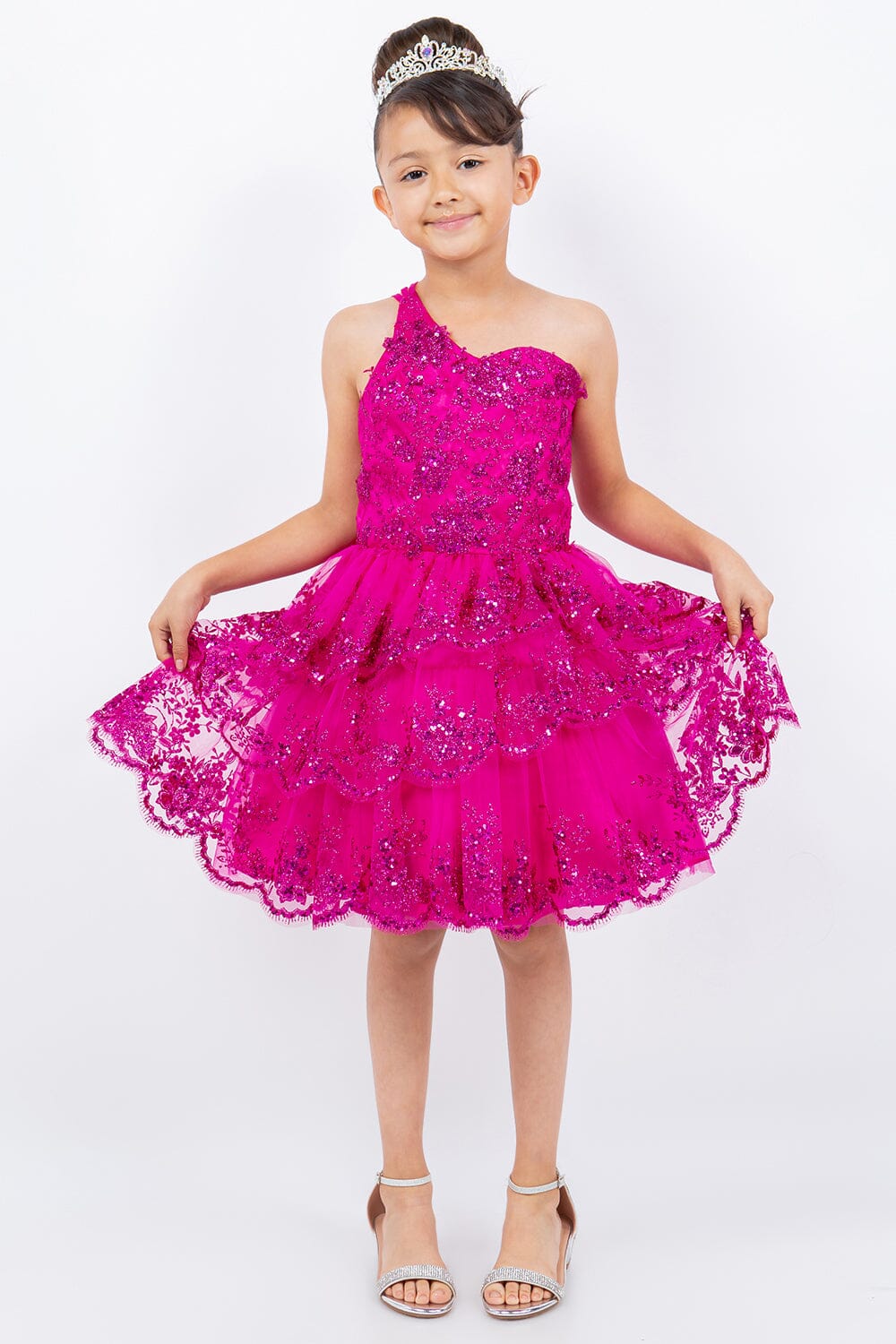 Girls Short One Shoulder Tiered Dress by Cinderella Couture 5132 8 / Fuchsia