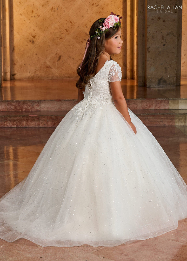 Girls Short Sleeve Sequin Tulle Gown by Rachel Allan RB9141