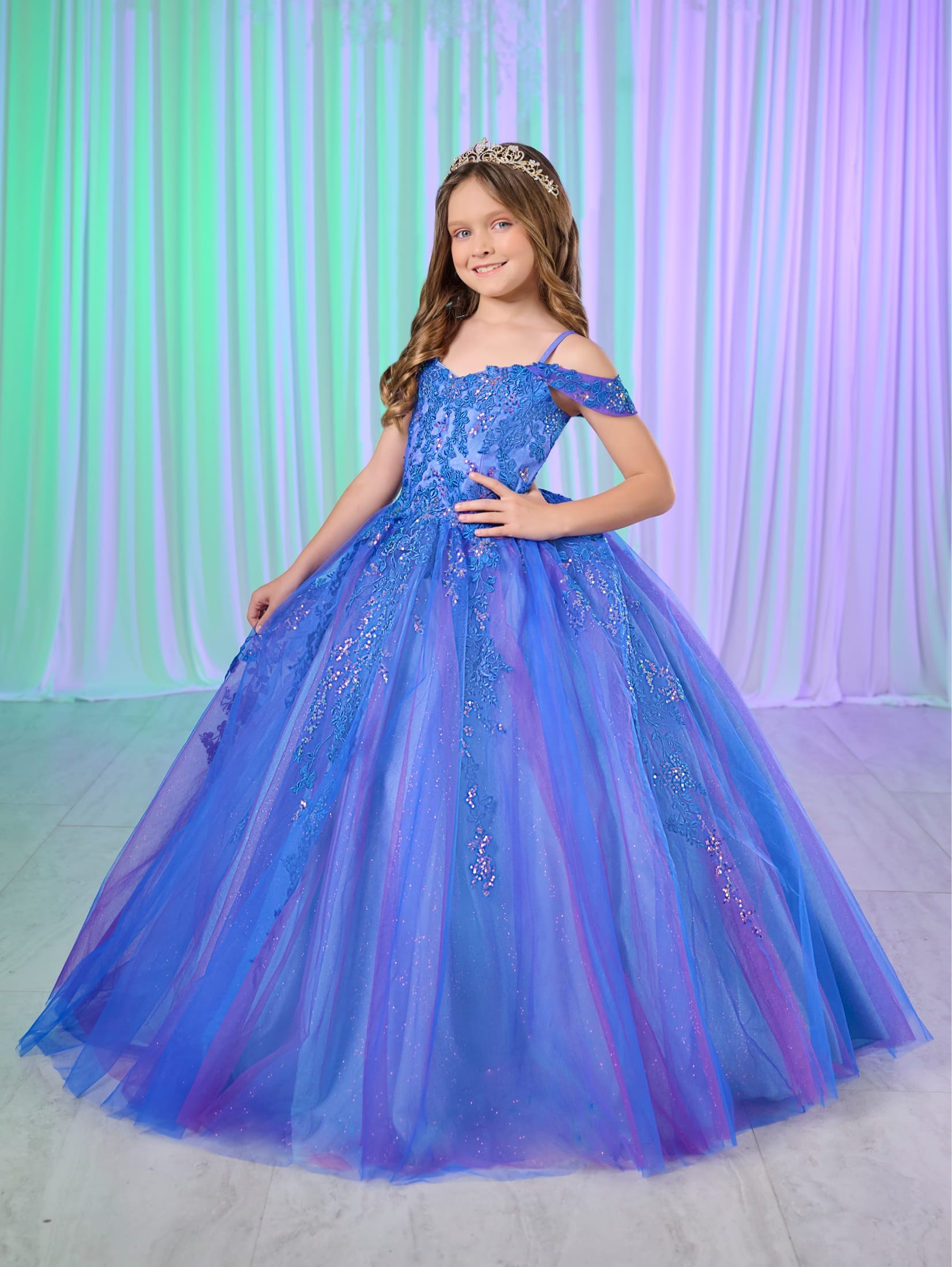 Girls Two-Tone Lace Gown by Tiffany Princess 13760 10 / Royal/Purple