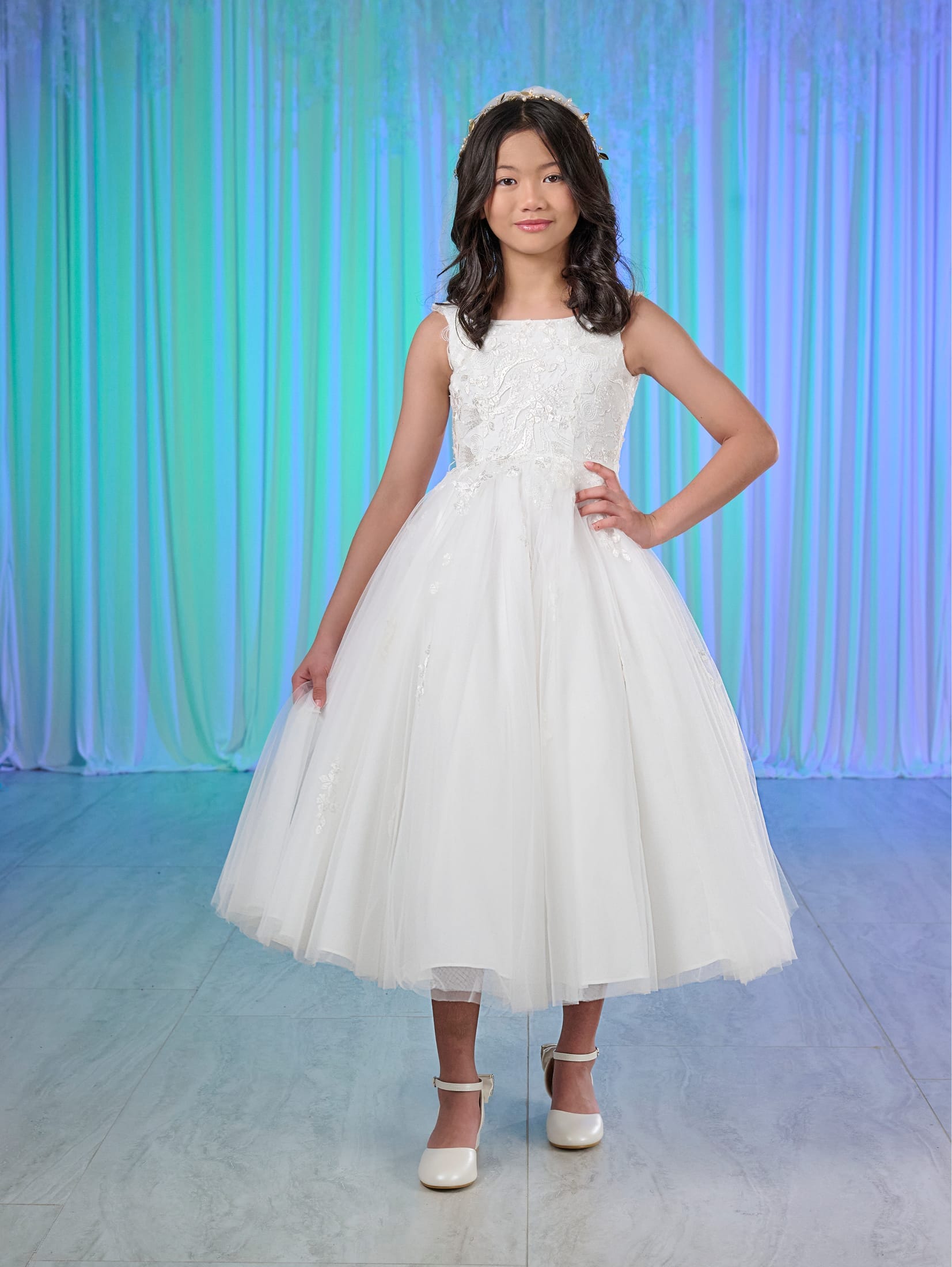 ladies formal white dresses Girls White Tea Length Dress by Tiffany Princess 13784 8 / Off White