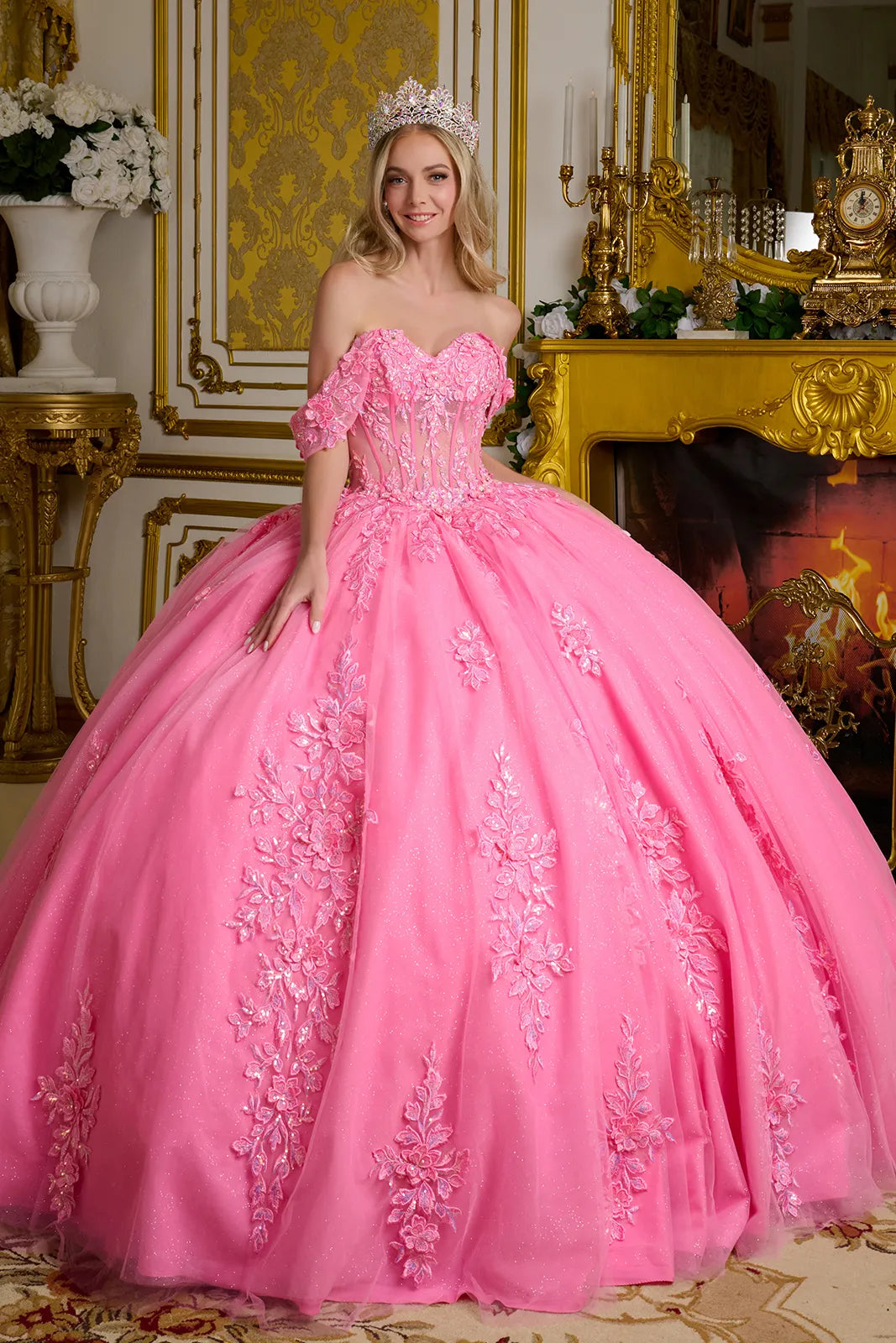 Elizabeth K GL3635 Off Shoulder Ball Gown - Formal Dress Shops Hot Pink / L Elizabeth K GL3635 Off Shoulder Ball Gown - Formal Dress Shops Hot Pink / L
