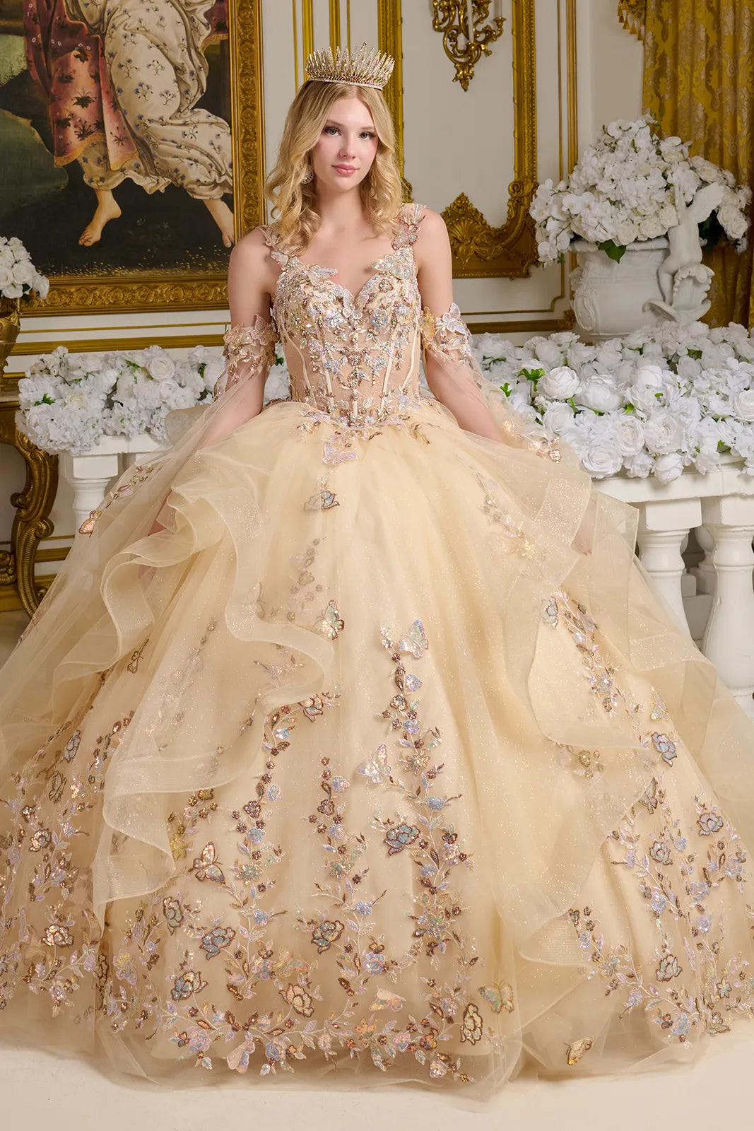 V-Neck Ruffled Ball Gown by Elizabeth K GL3648 XS / Champagne