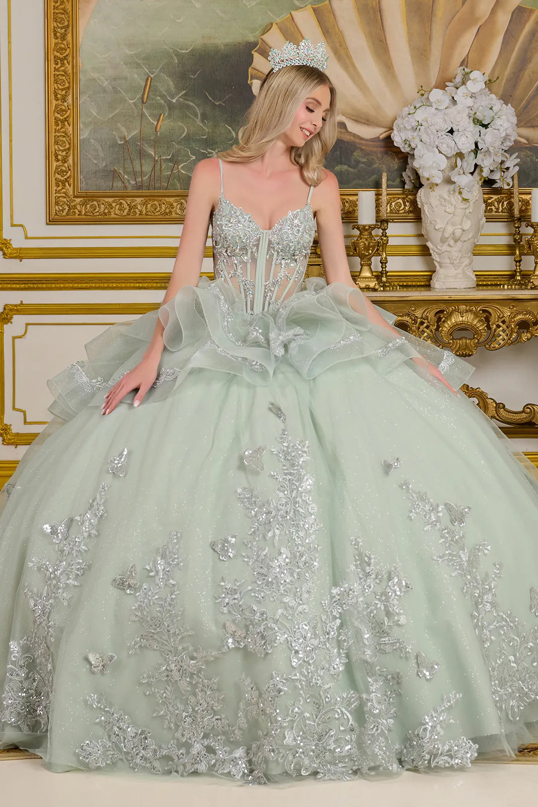 V-Neck Ruffled Ball Gown by Elizabeth K GL3649 V-Neck Ruffled Ball Gown by Elizabeth K GL3649