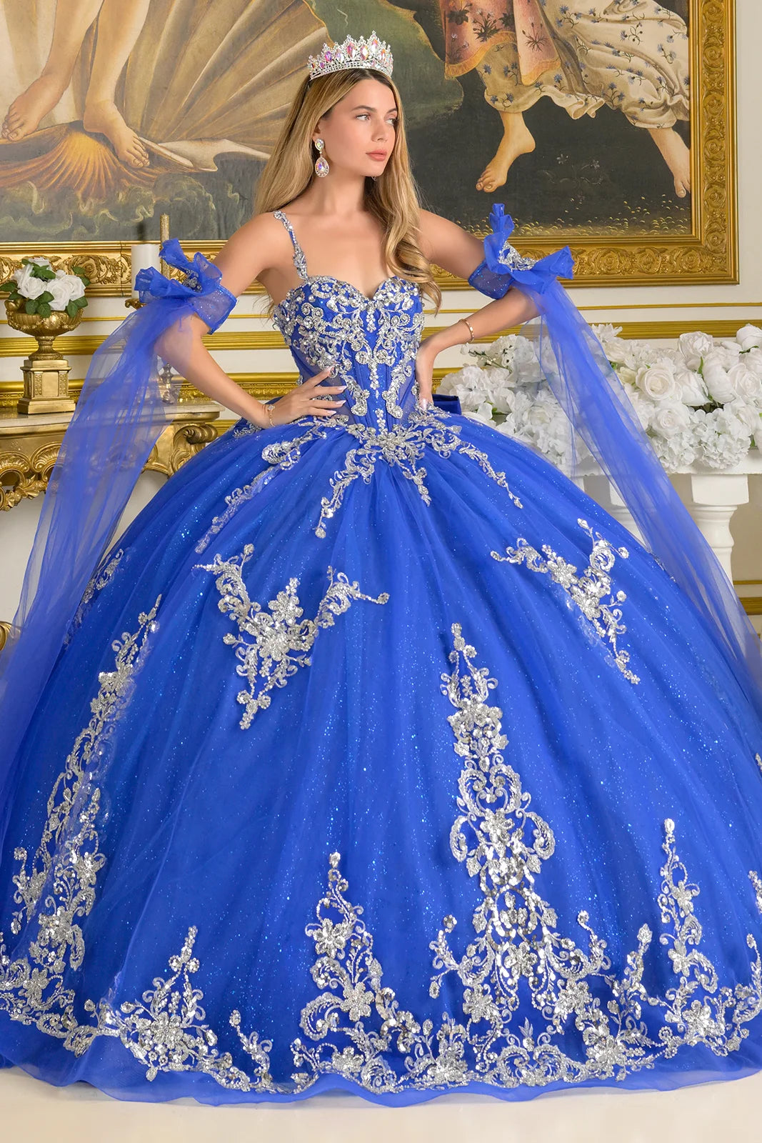 Sleeveless Cape Sleeve Ball Gown by Elizabeth K GL3813 M / Royal Blue/Silver