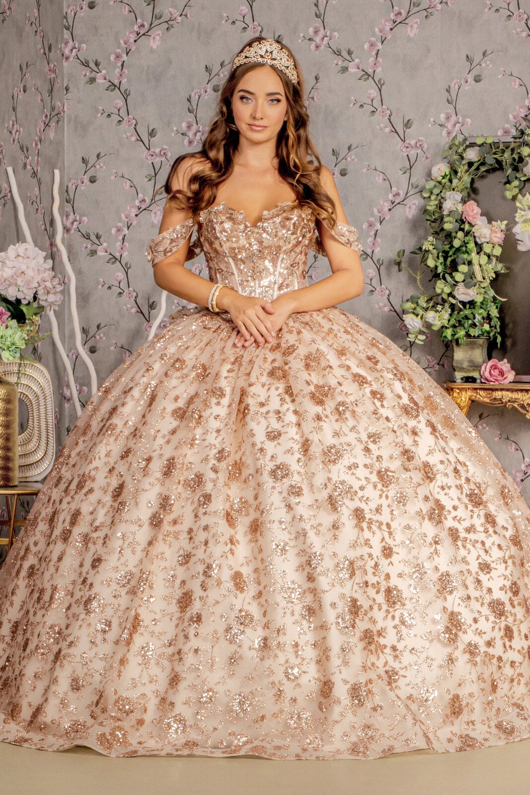 Glitter Print Off Shoulder Corset Ball Gown by GLS Gloria GL3485 3XL / Champagne/Gold