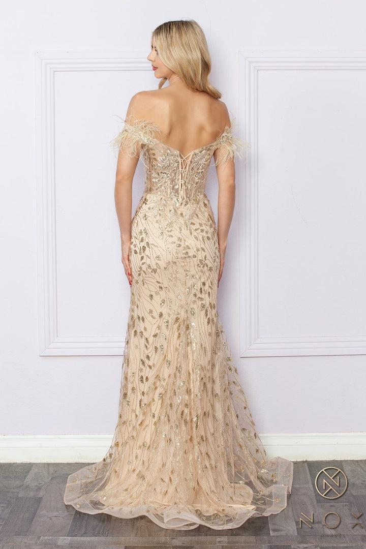 Glitter Print Off Shoulder Feather Gown by Nox Anabel L1255