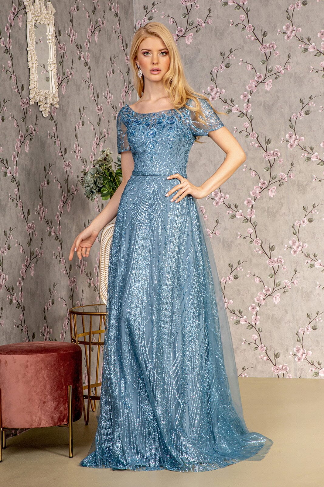 Glitter Print Short Sleeve A-line Gown by GLS Gloria GL3493 Glitter Print Short Sleeve A-line Gown by GLS Gloria GL3493