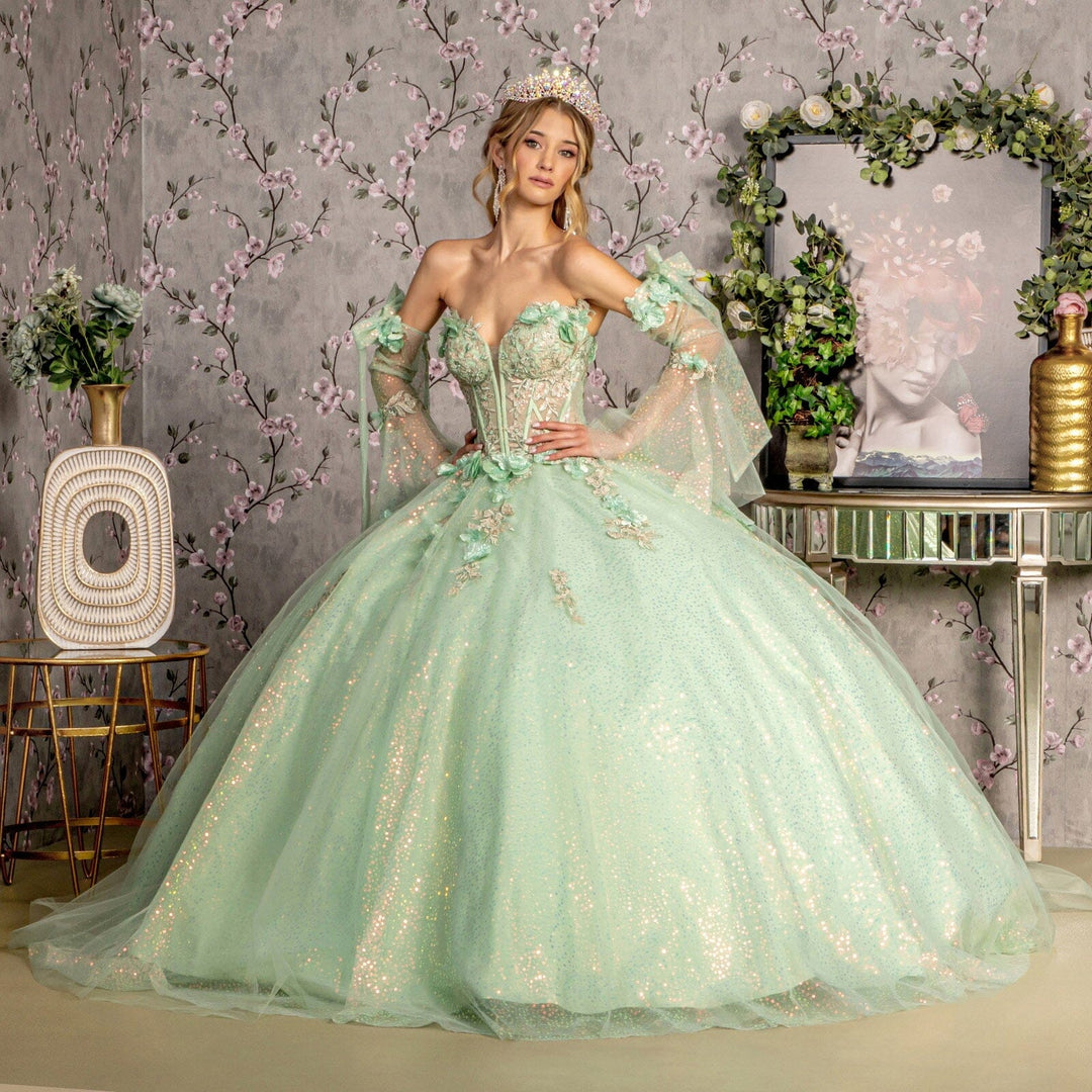 Glitter Strapless Bell Sleeve Ball Gown by GLS Gloria GL3486