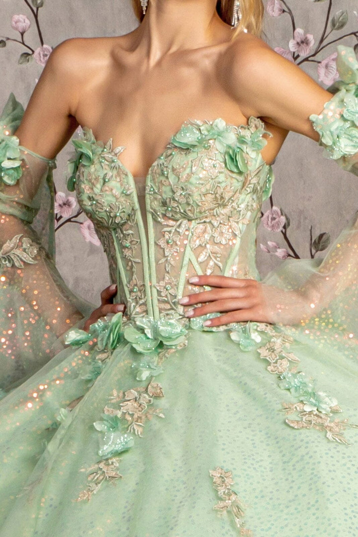 Glitter Strapless Bell Sleeve Ball Gown by GLS Gloria GL3486