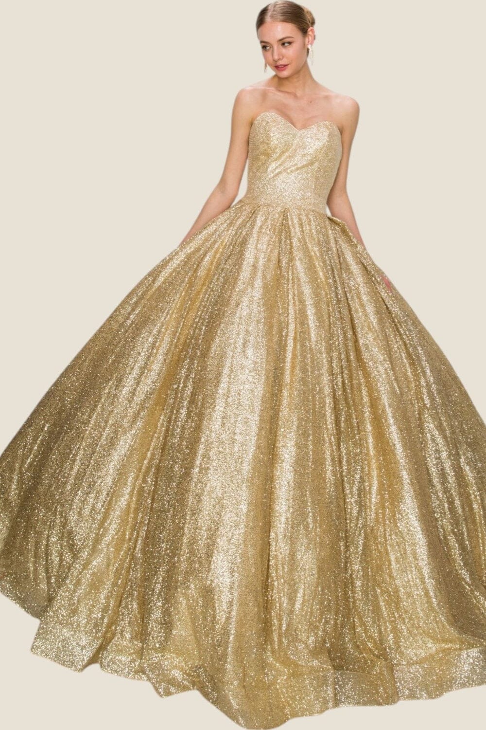 Cinderella Couture Juniors Champagne Metallic Glitter Strapless Ball Gown XS-XL, Juniors M