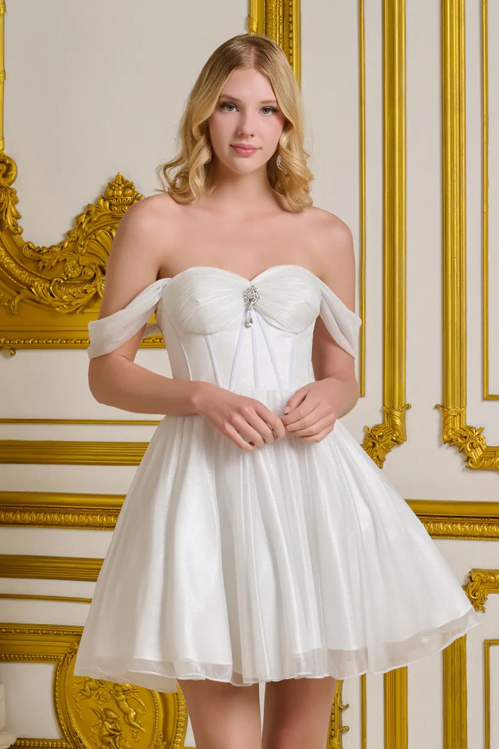 Short Off Shoulder Glitter Dress by Elizabeth K GS3633