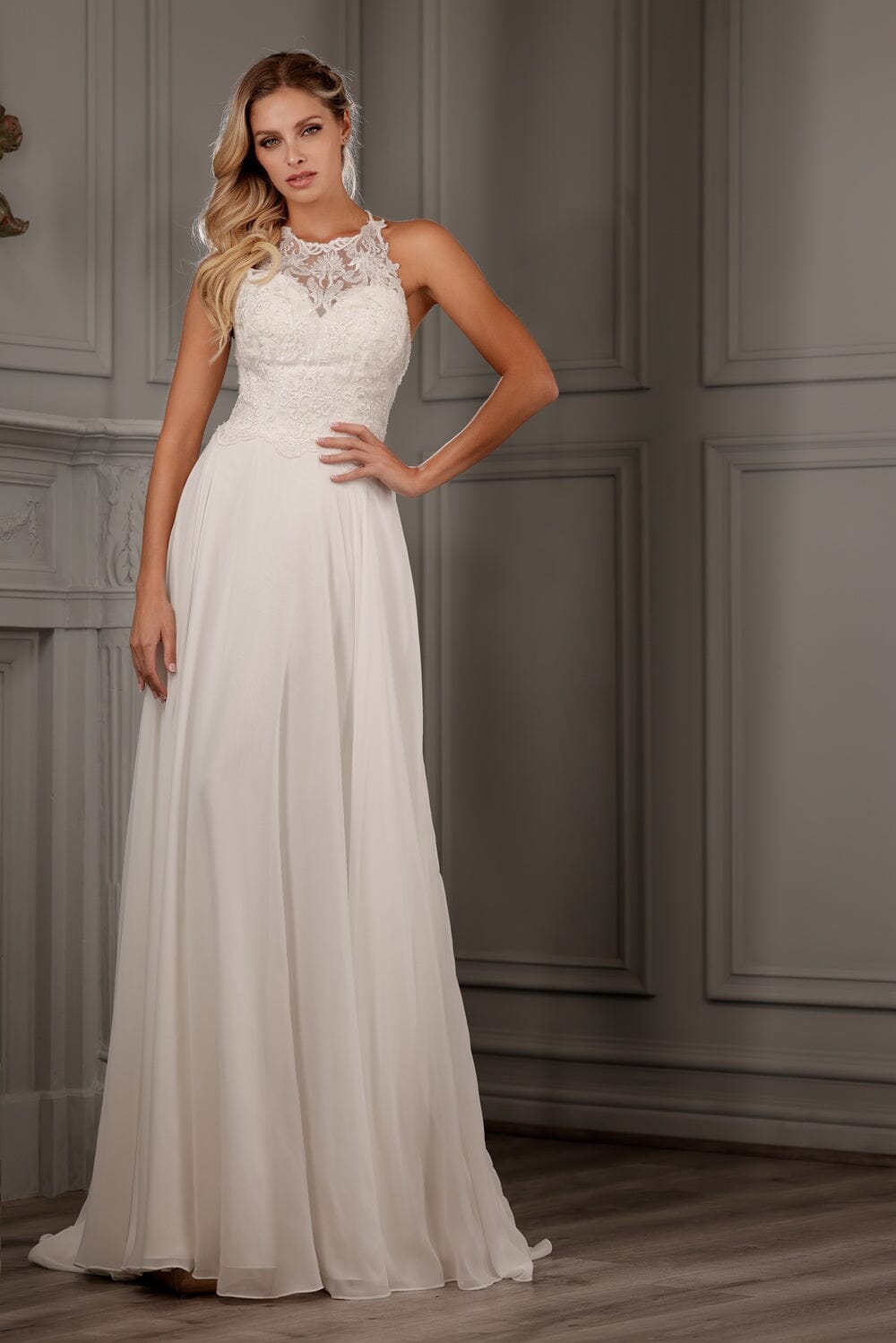 Halter Lace Chiffon Bridal Gown by Abby Lane 97152 12 / Ivory Halter Lace Chiffon Bridal Gown by Abby Lane 97152 12 / Ivory