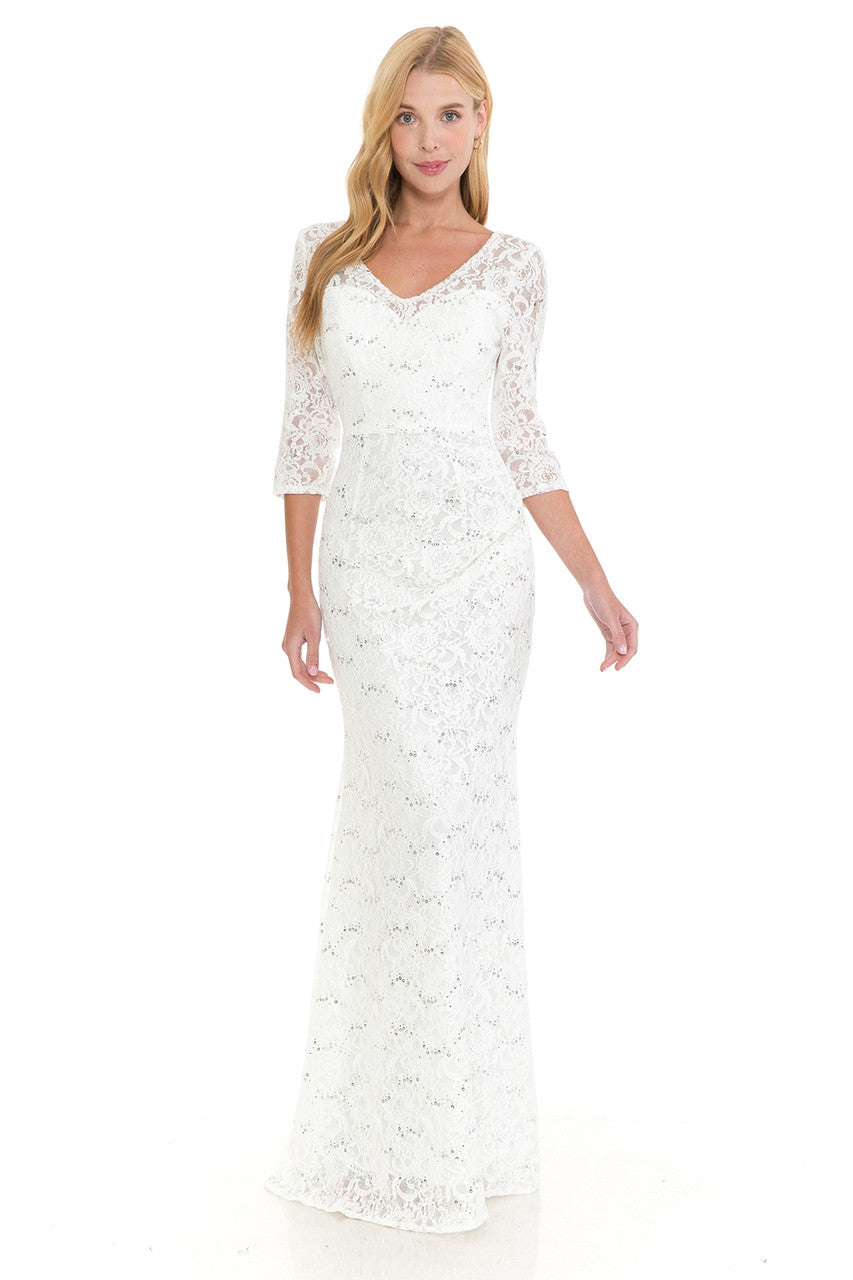 Sequin Lace Fitted 3/4 Sleeve Gown by Lenovia 5223
