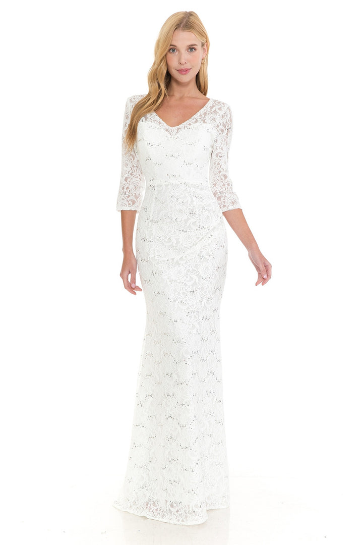 Sequin Lace Fitted 3/4 Sleeve Gown by Lenovia 5223