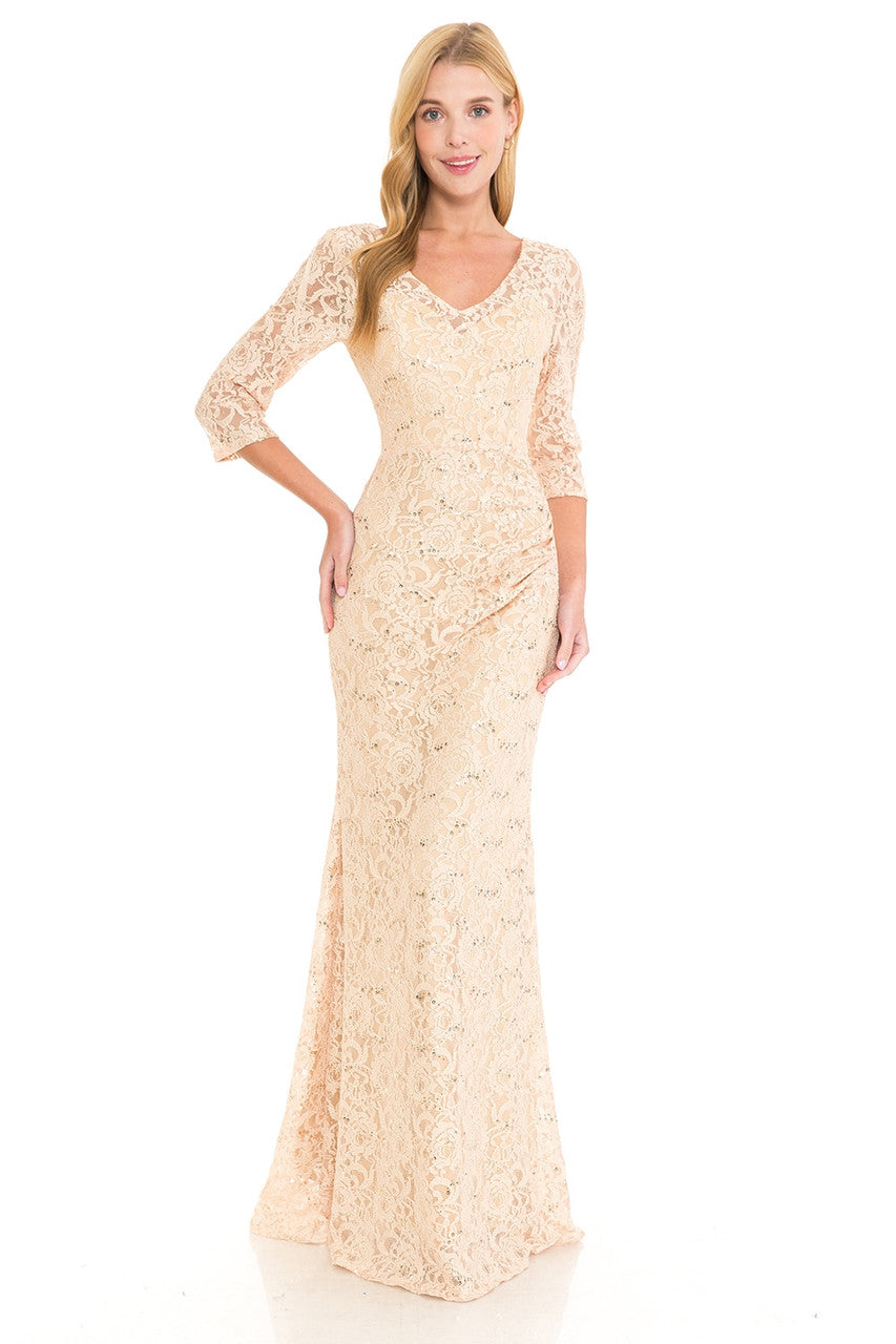 Sequin Lace Fitted 3/4 Sleeve Gown by Lenovia 5223