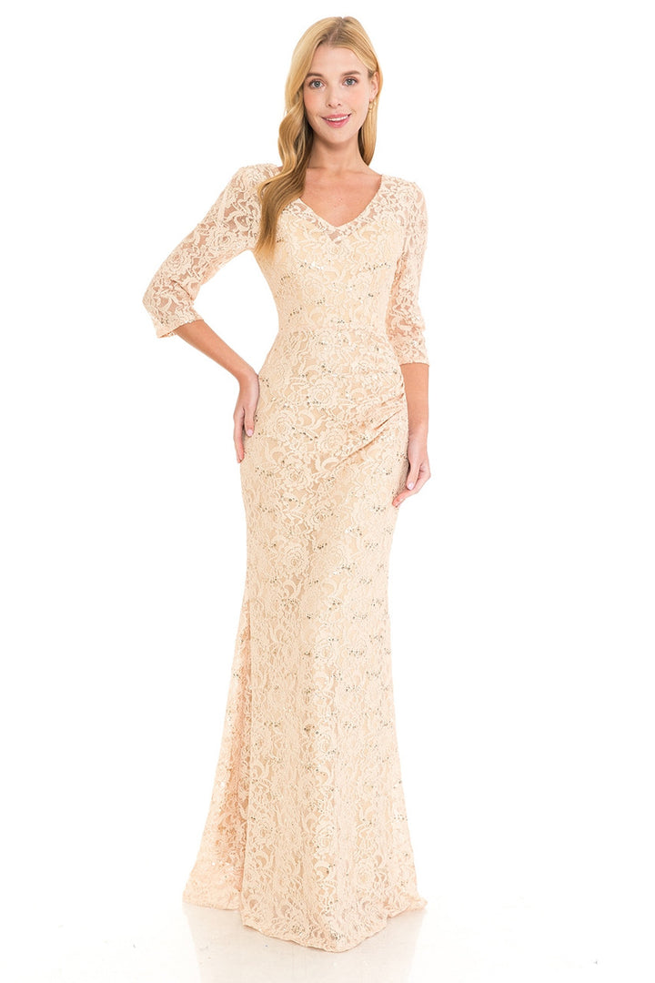 Sequin Lace Fitted 3/4 Sleeve Gown by Lenovia 5223