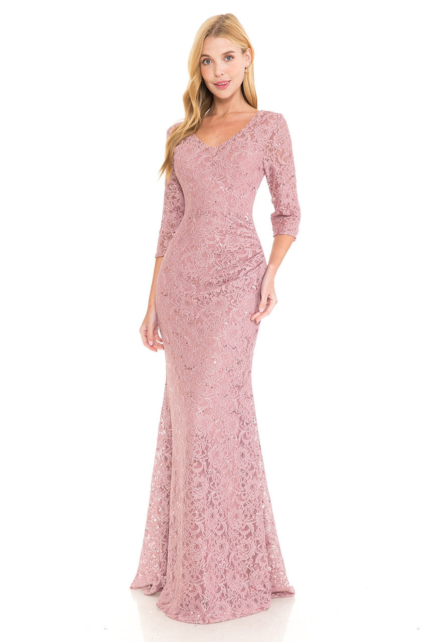 Sequin Lace Fitted 3/4 Sleeve Gown by Lenovia 5223
