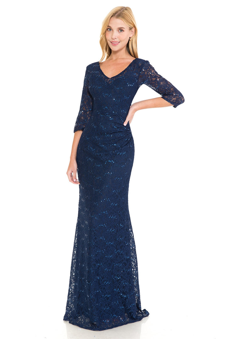 Sequin Lace Fitted 3/4 Sleeve Gown by Lenovia 5223